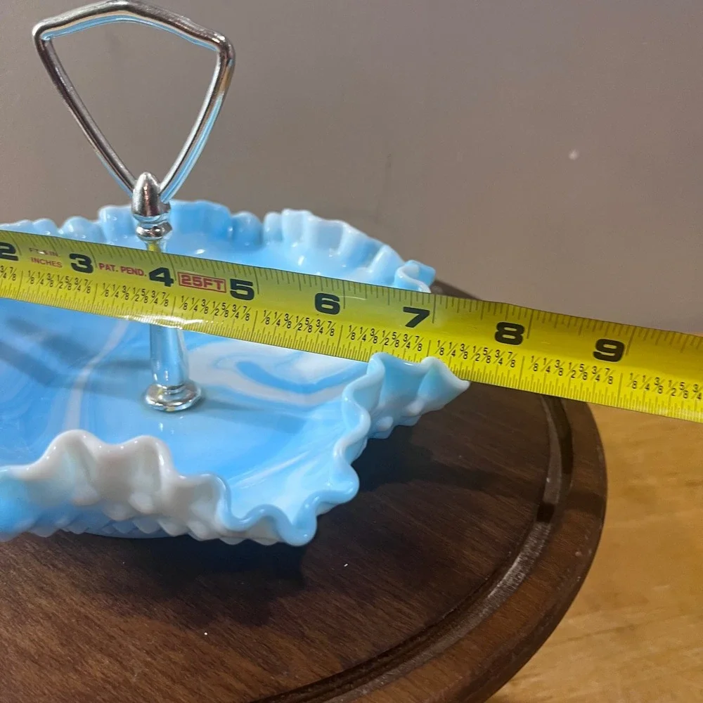 Vtg Fenton Blue Slag Glass Hobnail Ruffled Tidbit Tray Serving Dish 8
